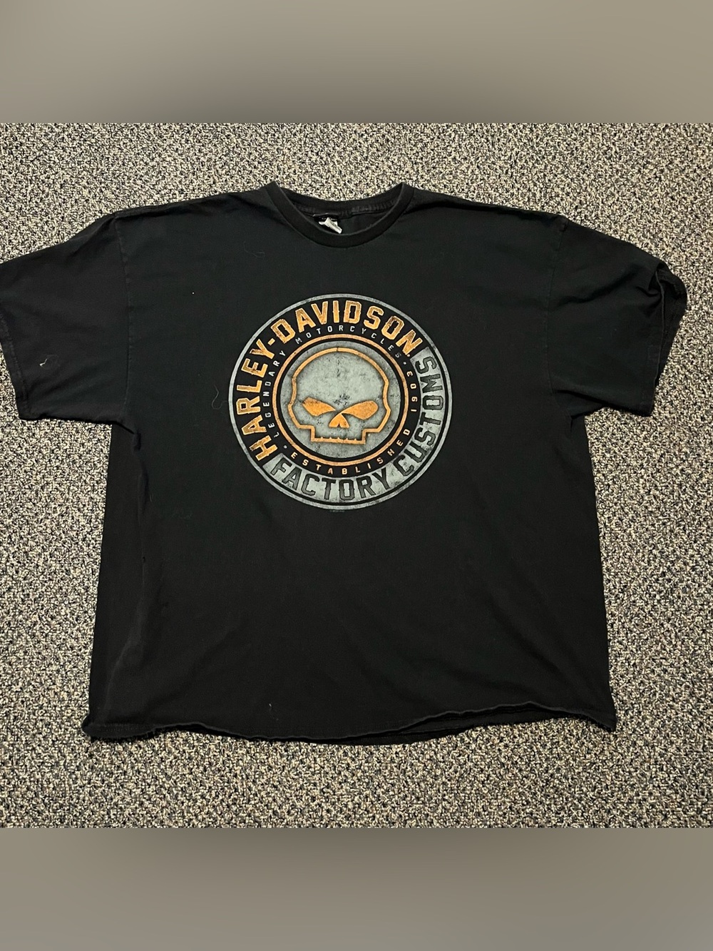 Harley-Davidson Black T-Shirt with Orange and Gray Skull Emblem